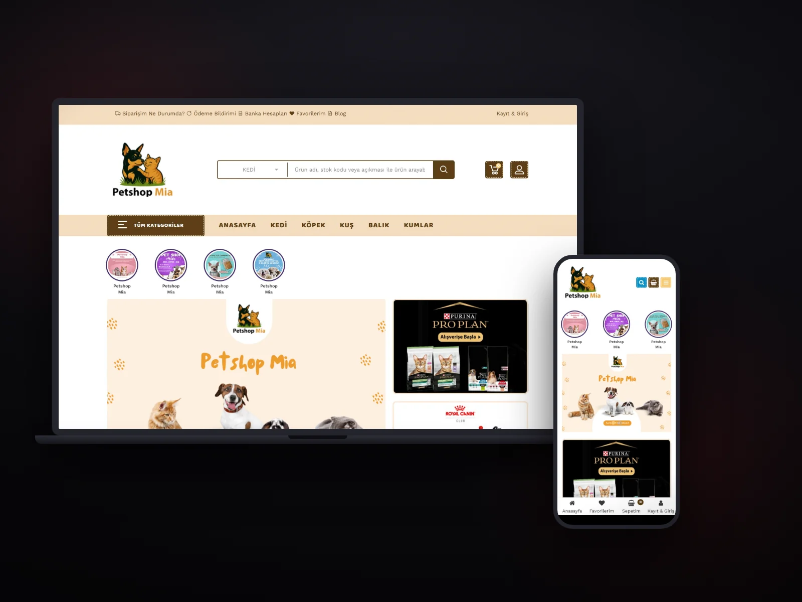 Petshop Mia e-ticaret sitesi arayüzü