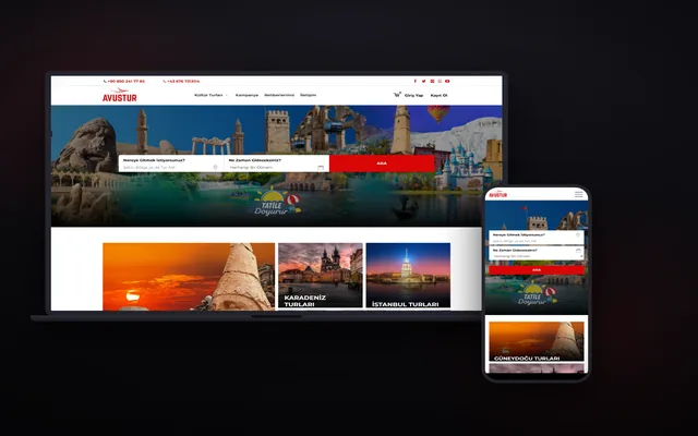 Avustur Turizm rezervasyon sisteminin ana sayfası, dizüstü ve telefon ekranında