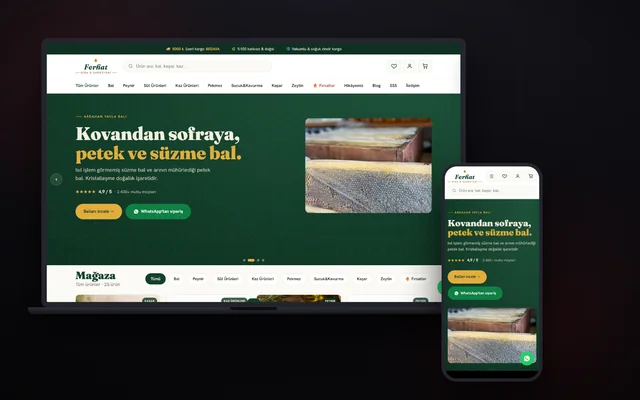 Ferhat Gıda e-ticaret sitesinin ana sayfası, dizüstü ve telefon ekranında