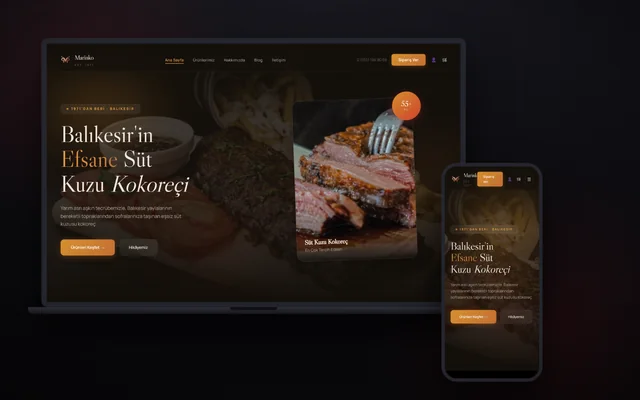 Marinko Kokoreç e-ticaret sitesinin ana sayfası, dizüstü ve telefon ekranında
