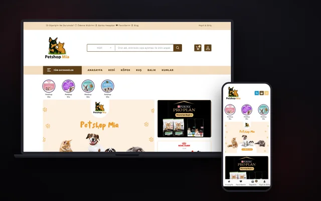 Petshop Mia e-ticaret sitesinin ana sayfası, dizüstü ve telefon ekranında